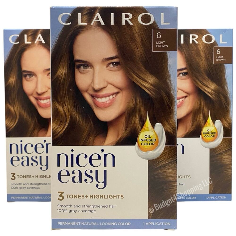 Clairol Nice'n Easy Permanent Hair Dye 6 Light Brown Hair Color, Pack of 3